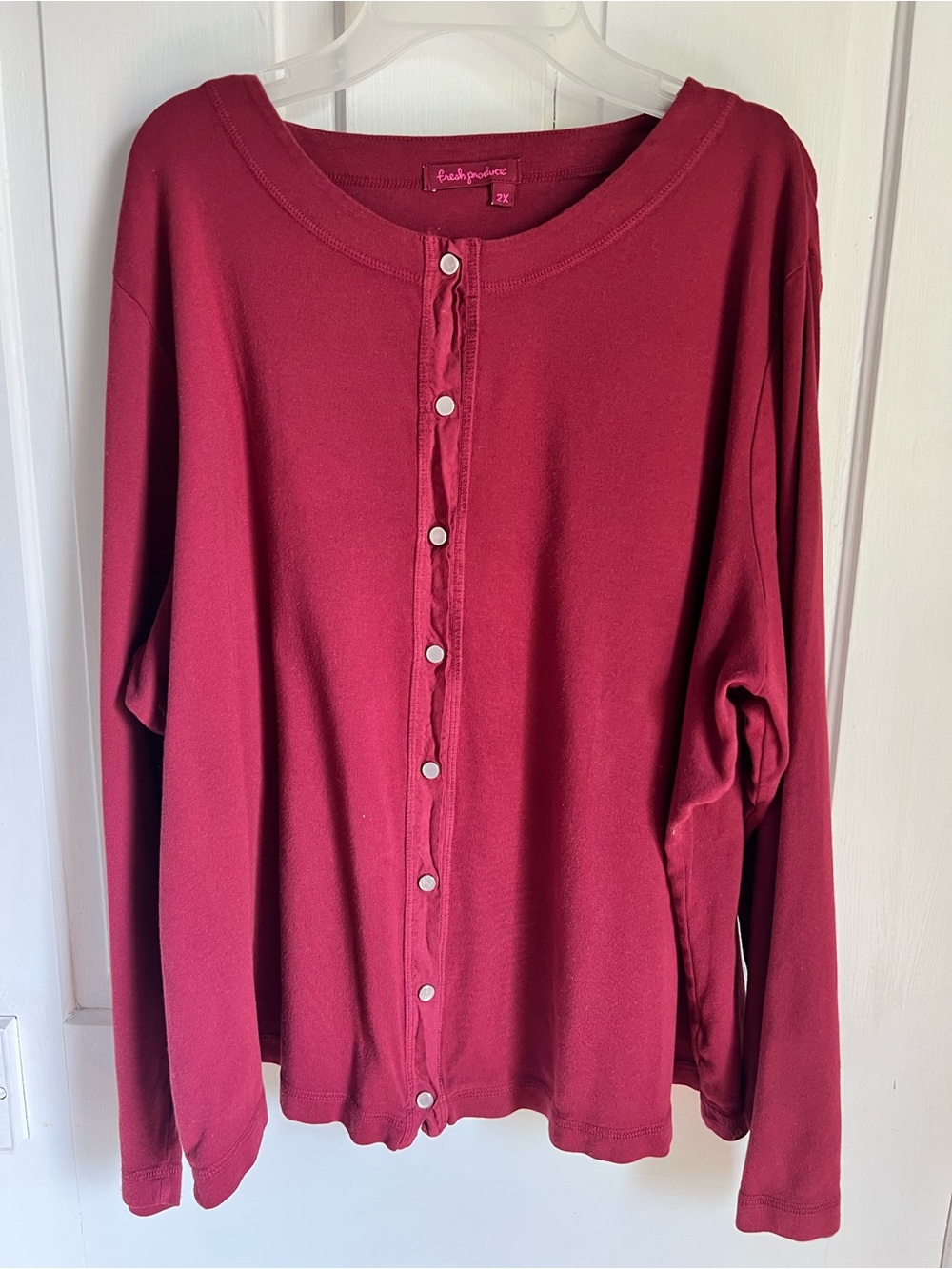 fresh produce Women's Long Sleeve Snap-Front Top — Wine Red size 2XL